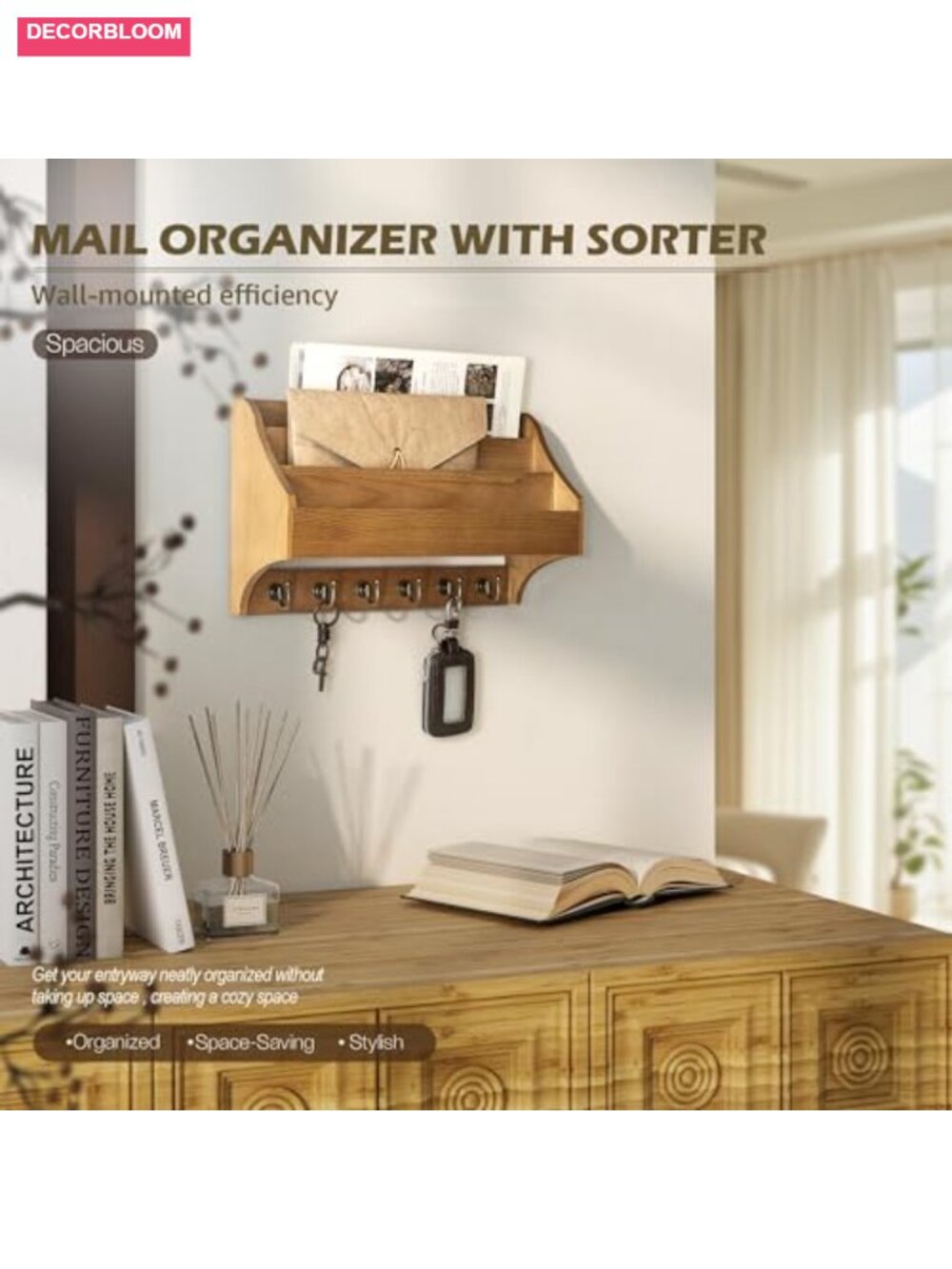 Rustic 3-Tier Key Holder Wall Mount with Sturdy Hooks Solid Pine Wood Mail - Picture 5 of 5